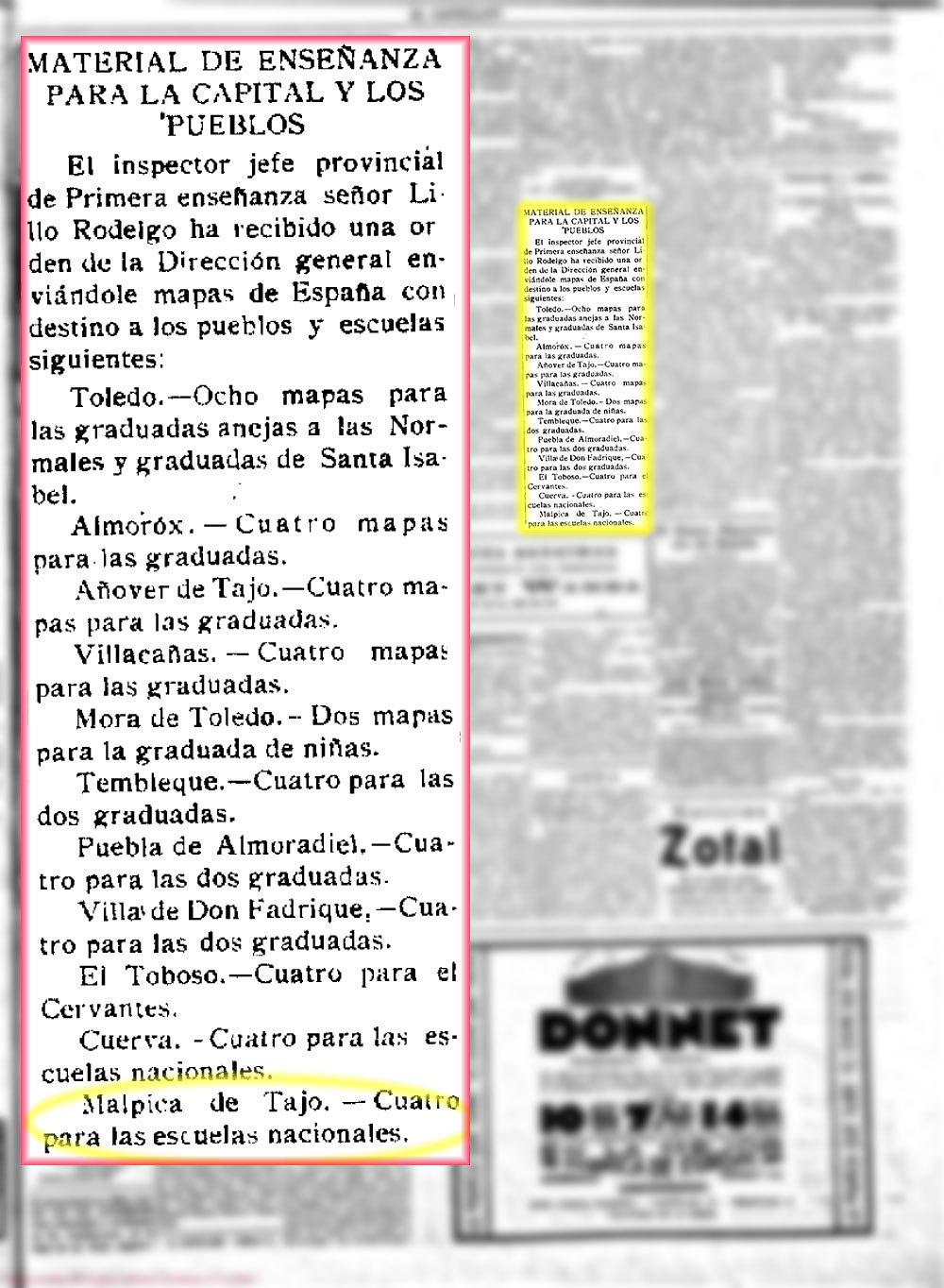 Dotación de cuatro mapas a las escuelas de Malpica de Tajo. El Castellano 1-07-1930 Dotación de cuatro mapas a las escuelas de Malpica de Tajo. El Castellano 1-07-1930