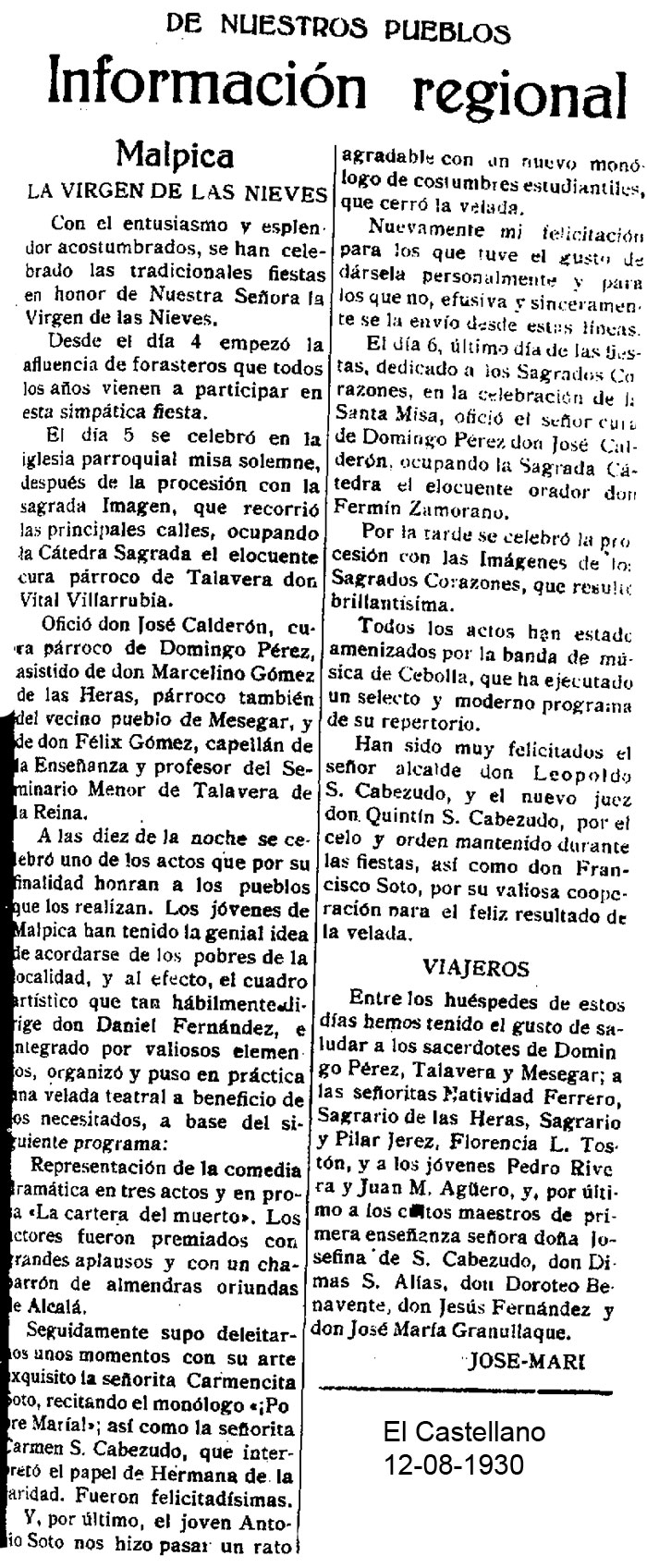 Crónica de la fiesta de la Virgen de las Nieves. El Castellano 12-08-1930 Crónica de la fiesta de la Virgen de las Nieves. El Castellano 12-08-1930