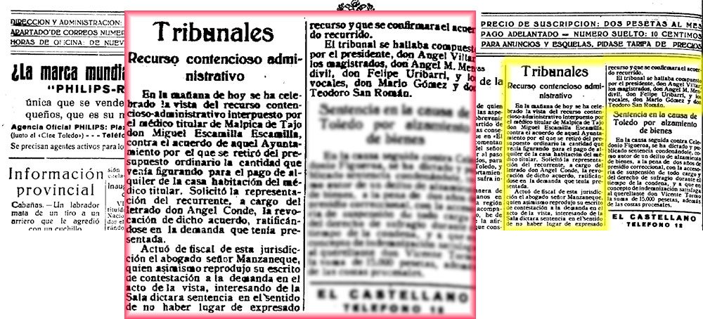 Recurso contencioso administrativo del médico. El Castellano 20-01-1930 Recurso contencioso administrativo del médico. El Castellano 20-01-1930