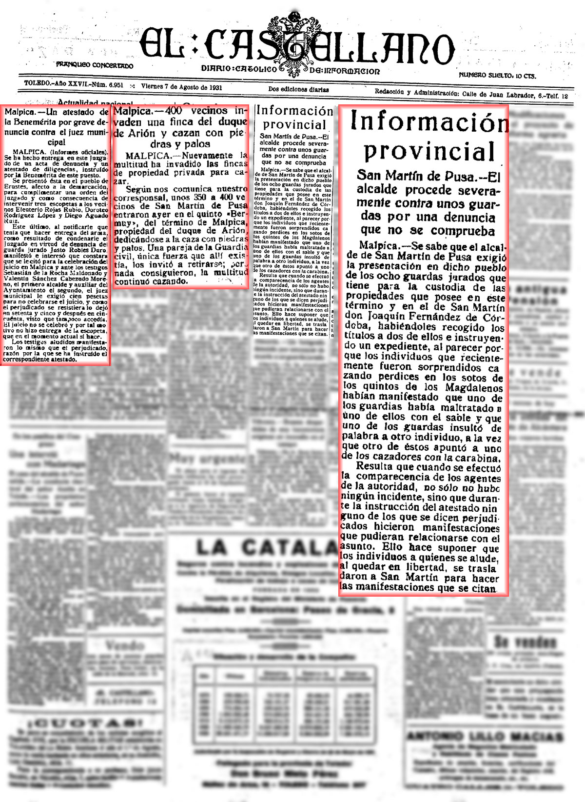 Varias noticias de caza furtiva en Valdepusa. El Castellano (07-08-1931) Varias noticias de caza furtiva en Valdepusa. El Castellano (07-08-1931)