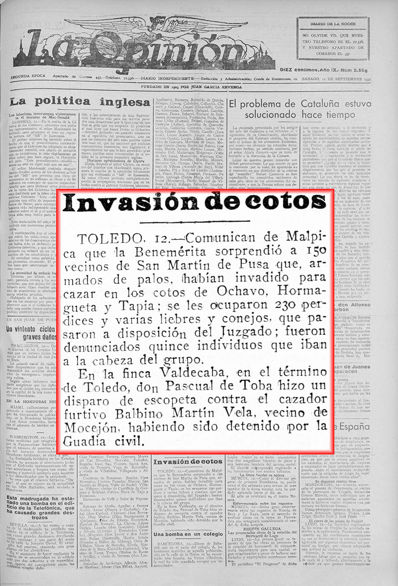 La Opinión 12-09-1931. Invasión de cotos en Valdepusa La Opinión 12-09-1931. Invasión de cotos