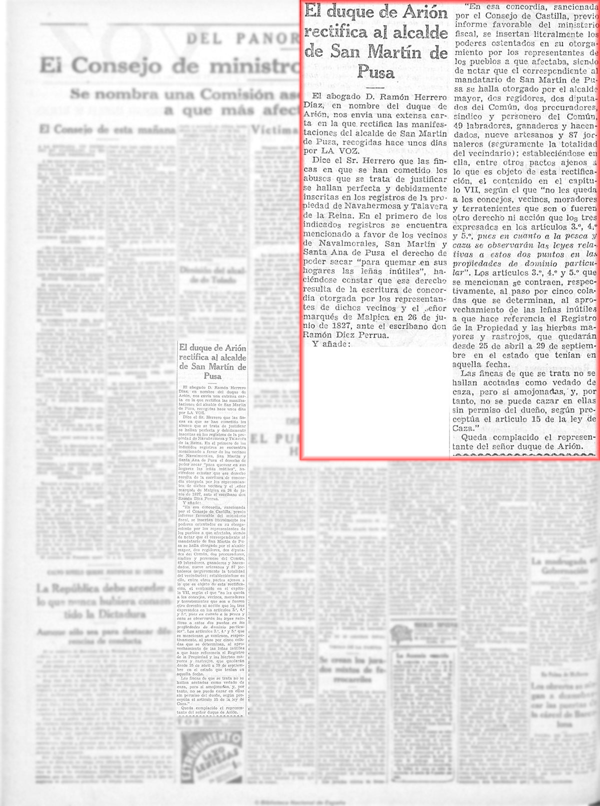 El duque de Arión rectifica al alcalde de San Martín de Pusa. La Voz, 22/9/1931 El duque de Arión rectifica al alcalde de San Martín de Pusa. La Voz, 22/9/1931