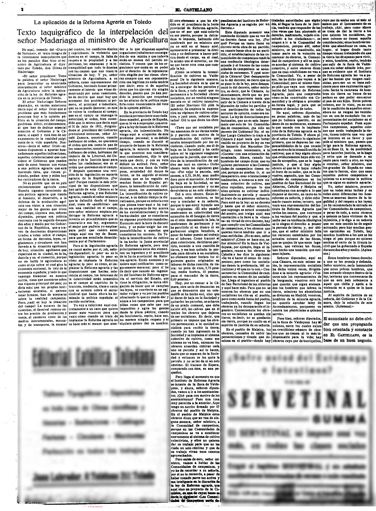 Interpelación del diputado por Toledo Dimas de Madariaga al ministro de agricultura - El Castellano (15-01-1934) Interpelación del diputado por Toledo Dimas de Madariaga al ministro de agricultura - El Castellano (15-01-1934)