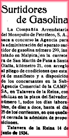 Concurso para el arrendamiento del surtidor de gasolina de Malpica de tajo. El Castellano 16-6-1934 Concurso para el arrendamiento del surtidor de gasolina de Malpica de tajo. El Castellano 16-6-1934