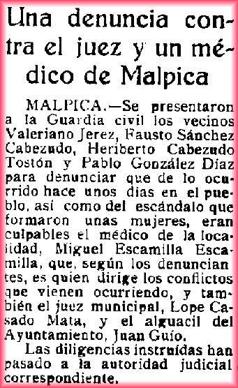 Tres vecinos de Malpica denuncian al médico y al juez de paz. El Castellano 25-6-1934 Tres vecinos de Malpica denuncian al médico y al juez de paz. El Castellano 25-6-1934