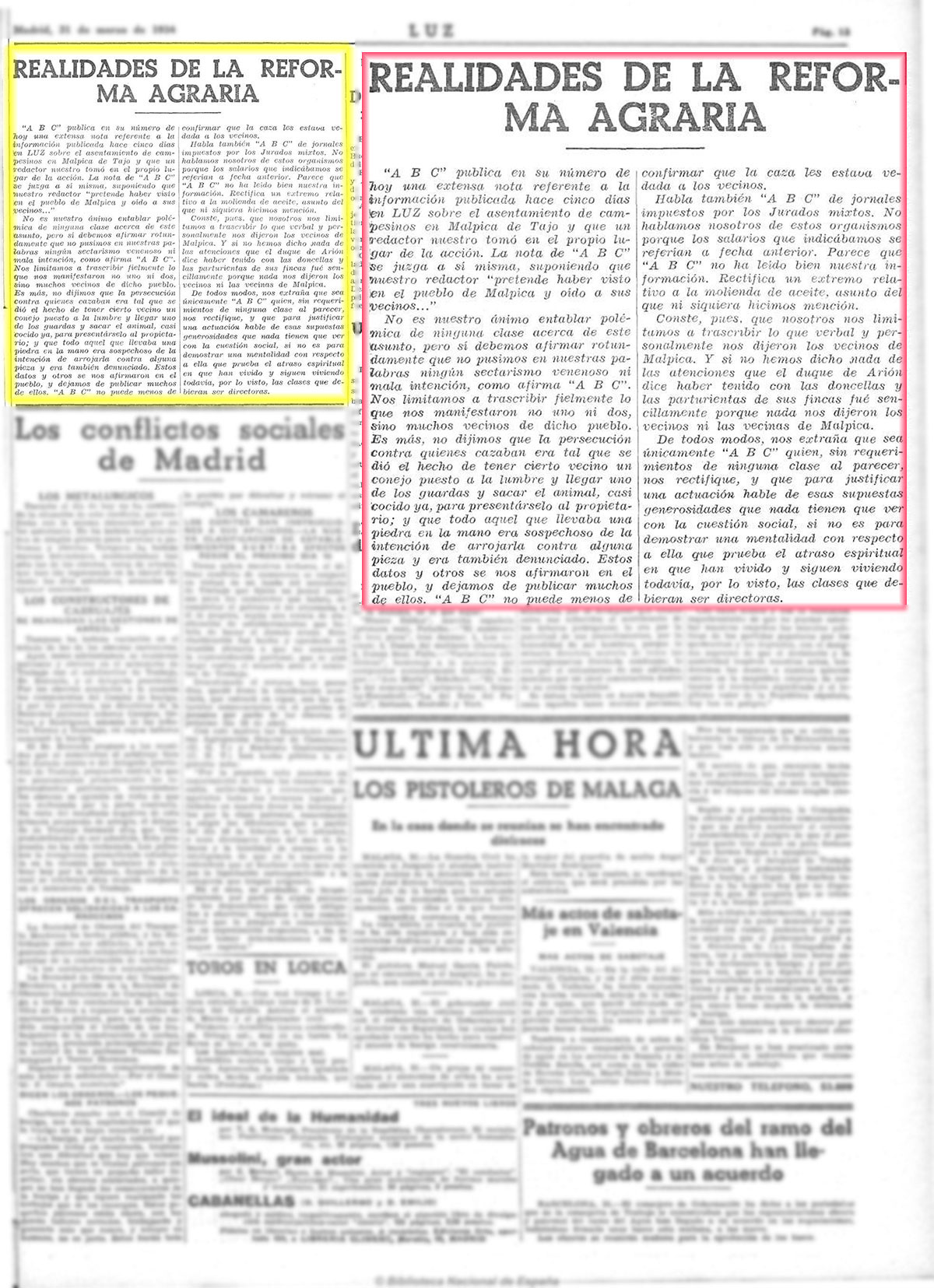 Realidades de la Reforma Agraria. Contestación al ABC. Luz 31-3-1934, página 13 Realidades de la Reforma Agraria. Contestación al ABC. Luz 31-3-1934, página 13