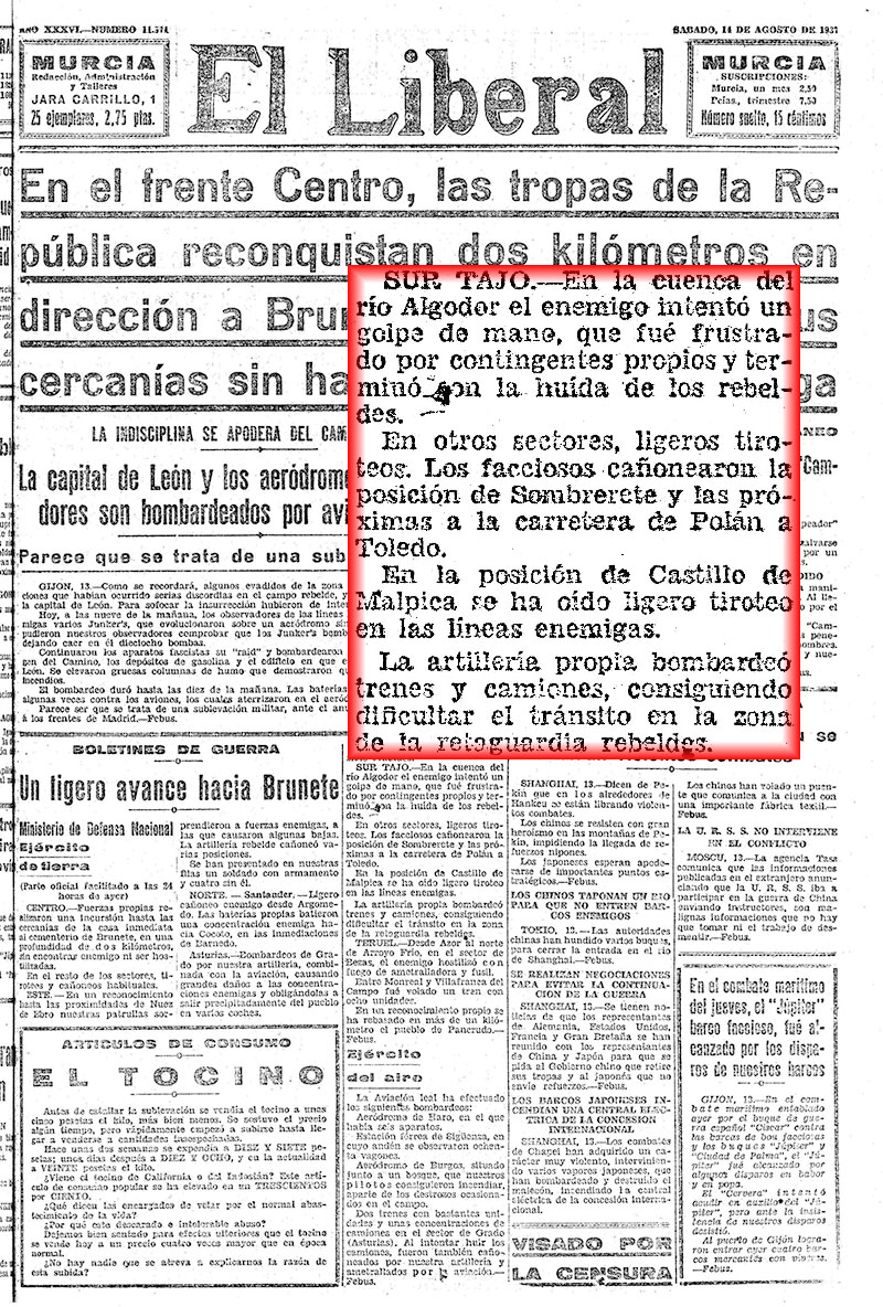 Disparos en el frente de Malpica (14/08/37), El Liberal Disparos en el frente de Malpica (14/08/37), El Liberal
