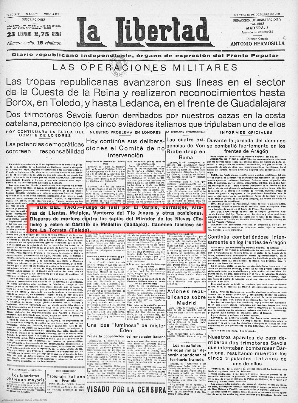 Parte de guerra- La Libertad, (27/11/37) Parte de guerra- La Libertad, (27/11/37)