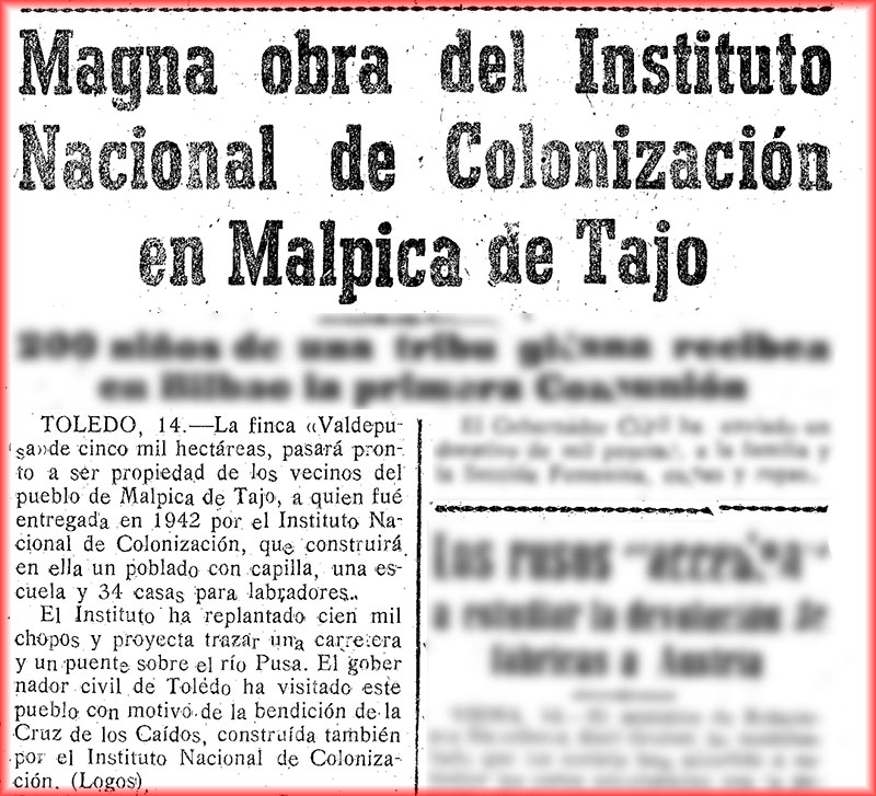Imperio Diario de Zamora de Falange Española de las J.O.N.S, 27-11-1946. Entrega de premios a 7 labradores de Malpica Imperio Diario de Zamora de Falange Española de las J.O.N.S, 27-11-1946. Entrega de premios a 7 labradores de Malpica