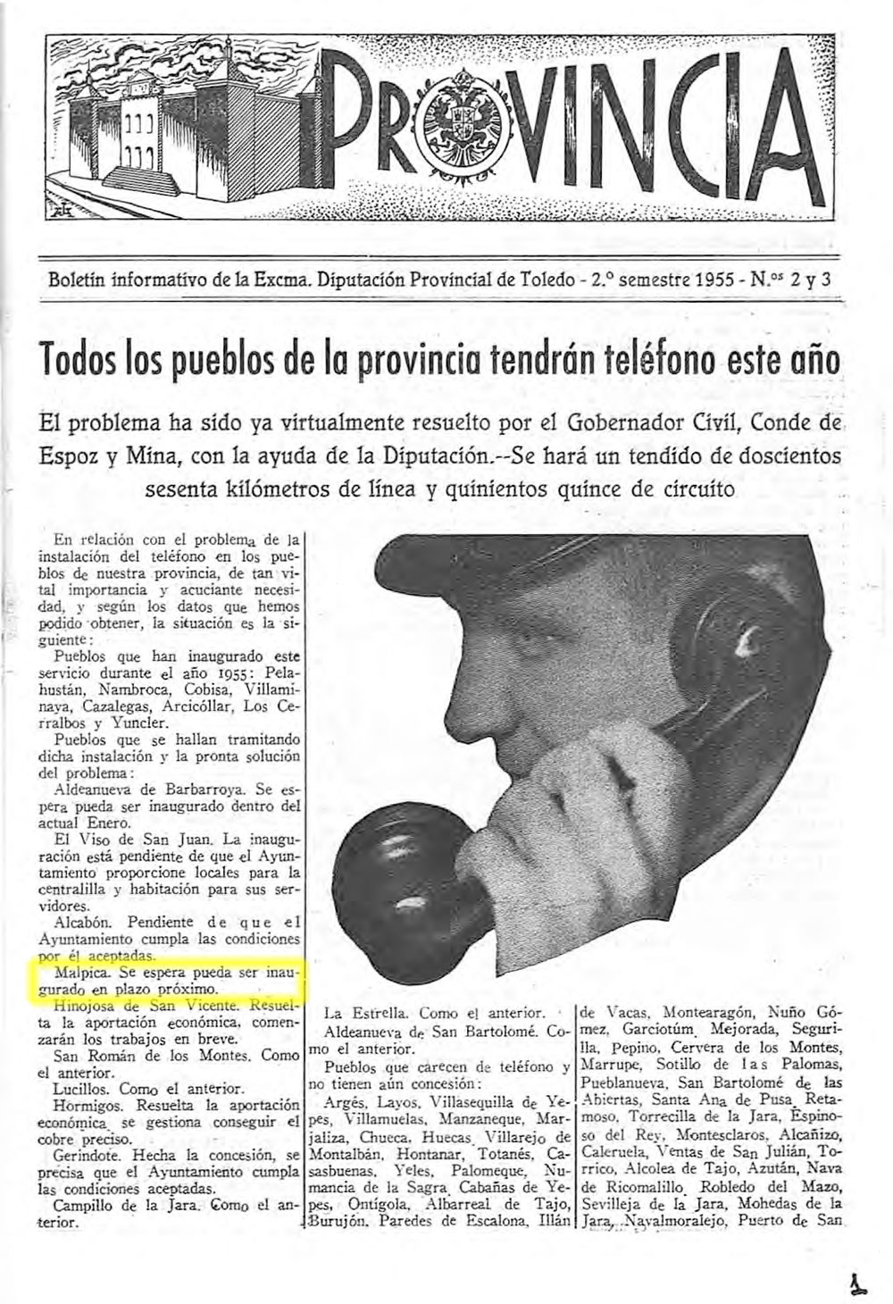 En 1955 ¿llegaría? el teléfono a Malpica de Tajo. Provincia (1955) En 1955 ¿llegaría? el teléfono a Malpica de Tajo. Provincia (1955)