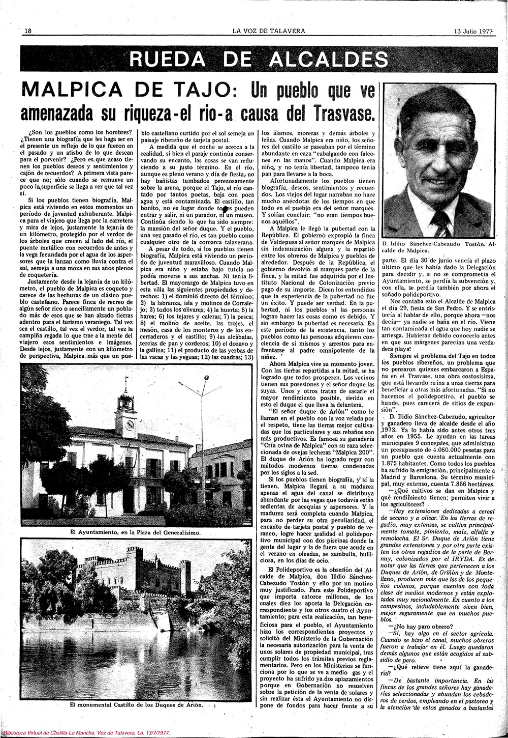 Entrevista al alcalde de Malpica de Tajo 1: D. Ilidio Sánchez-Cabezudo Tostón-La Voz de Talavera, 13-07-1977 Entrevista al alcalde de Malpica de Tajo 1: D. Ilidio Sánchez-Cabezudo Tostón-La Voz de Talavera, 13-07-1977