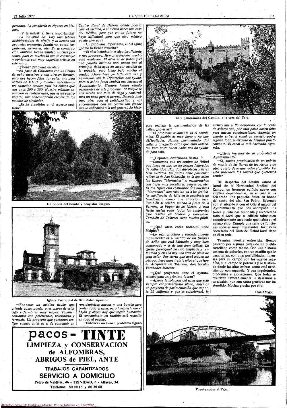 Entrevista al alcalde de Malpica de Tajo 2: D. Ilidio Sánchez-Cabezudo Tostón-La Voz de Talavera, 13-07-1977 Entrevista al alcalde de Malpica de Tajo 2: D. Ilidio Sánchez-Cabezudo Tostón-La Voz de Talavera, 13-07-1977