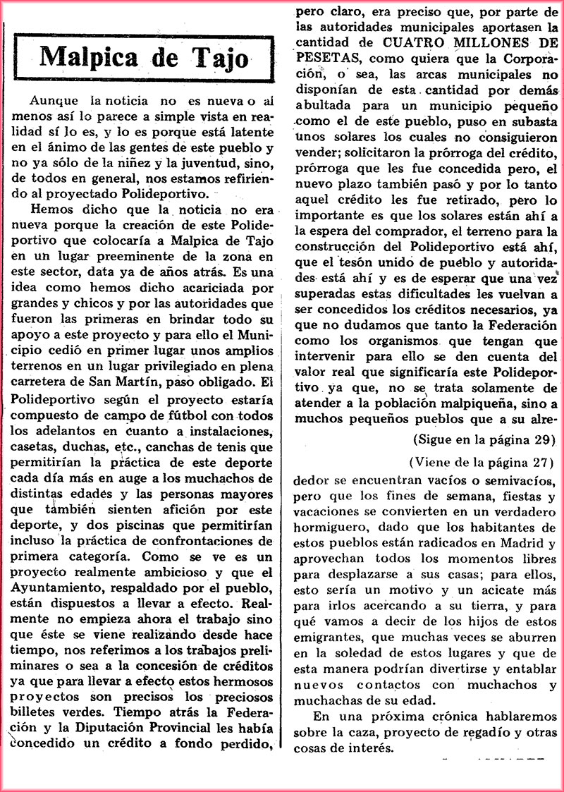Sobre el polideportivo de Malpica de Tajo-La Voz de Talavera, 07-12-1977 Sobre el polideportivo de Malpica de Tajo-La Voz de Talavera, 07-12-1977