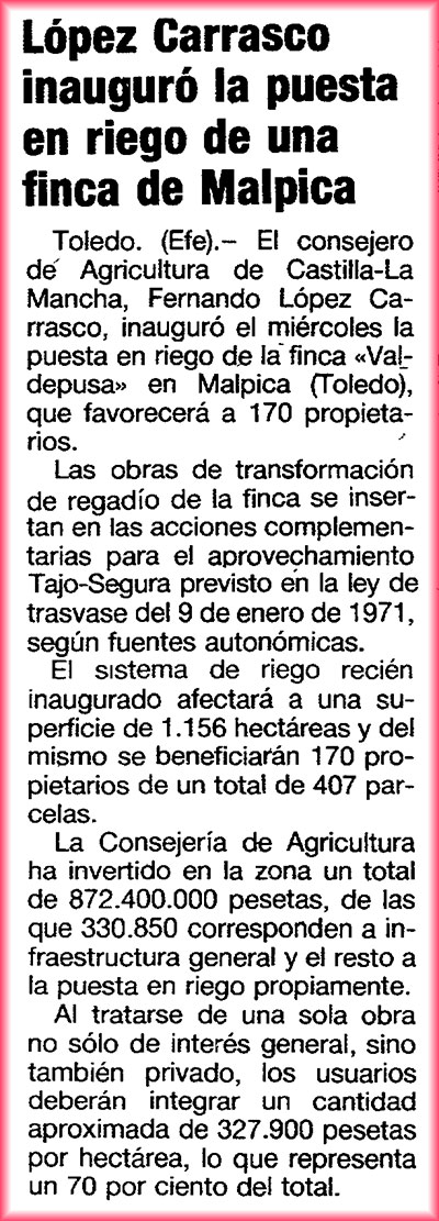 Inauguración del regadío de Malpica de Tajo-Lanza, 30-10-1987 Inauguración del regadío de Malpica de Tajo-Lanza, 30-10-1987