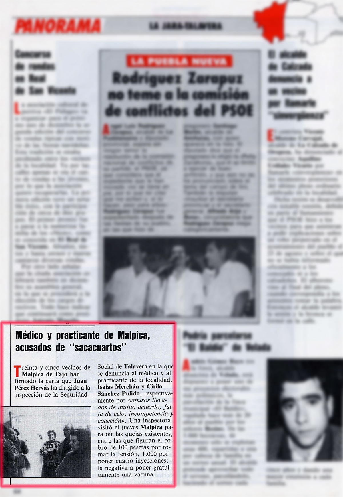 El médico y practicante de Malpica de Tajo acusados de "sacacuartos". Bisagra. N.º 53, 7-13/11/1988 El médico y practicante de Malpica de Tajo acusados de "sacacuartos". Bisagra. N.º 53, 7-13/11/1988