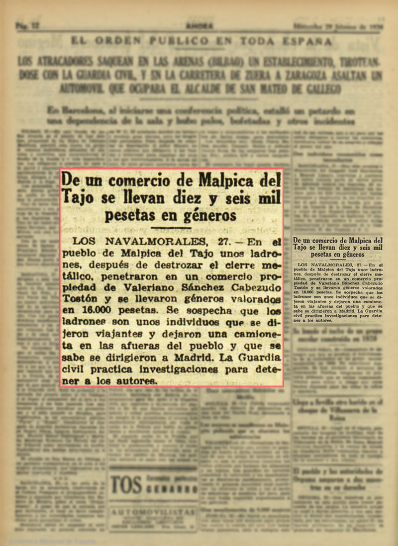 Robo en un comercio de Malpica- AHORA, (28/2/34) Robo en un comercio de Malpica- AHORA, (28/2/34)
