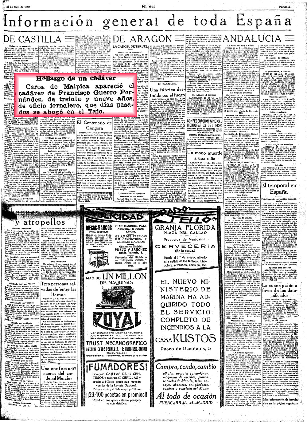 El Sol 21-4-1927, página 3. Ahogado en el Tajo El Sol 21-4-1927, página 3. Ahogado en el Tajo