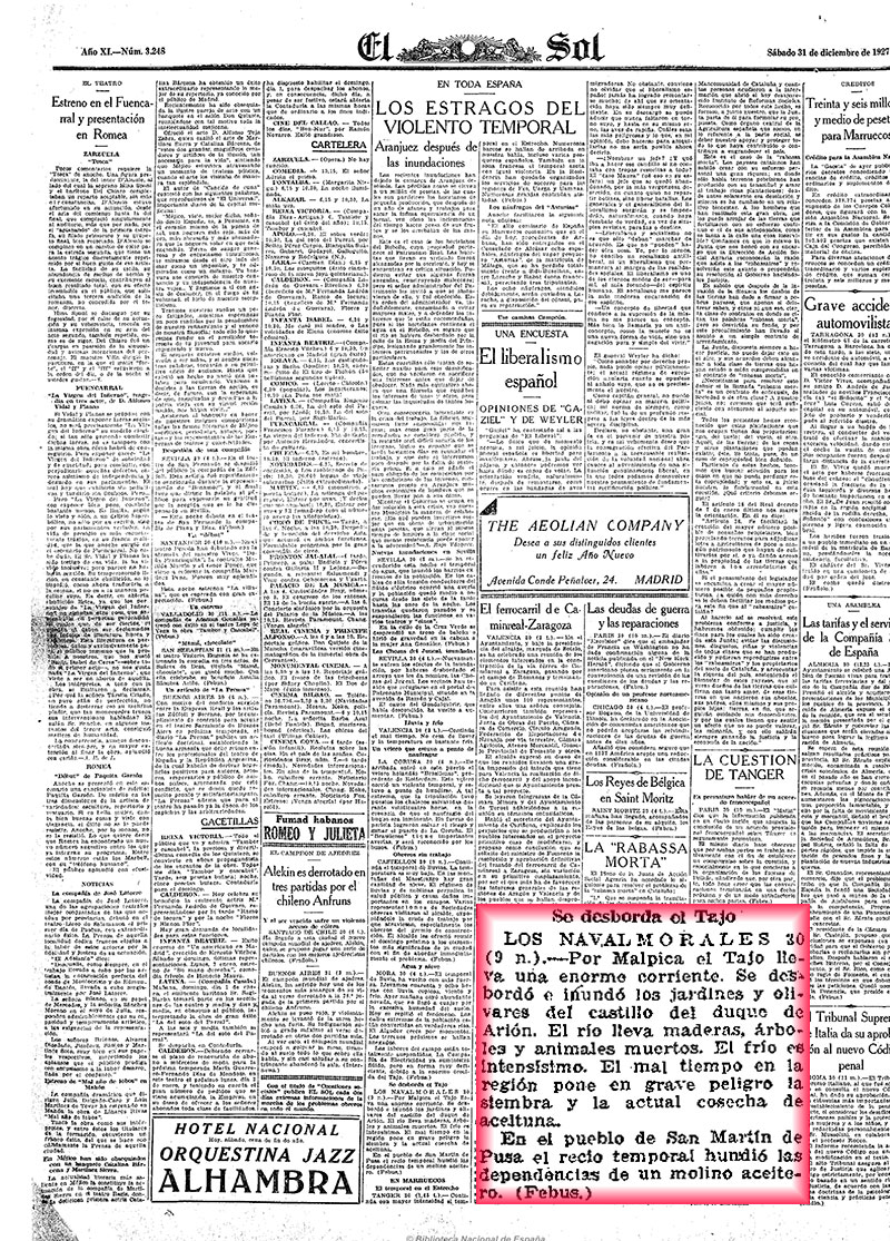 El Liberal 31-12- 1927, página 8. El temporal de finales del 27. Desbordamiento del Tajo El Liberal 31-12- 1927, página 8. El temporal de finales del 27. Desbordamiento del Tajo