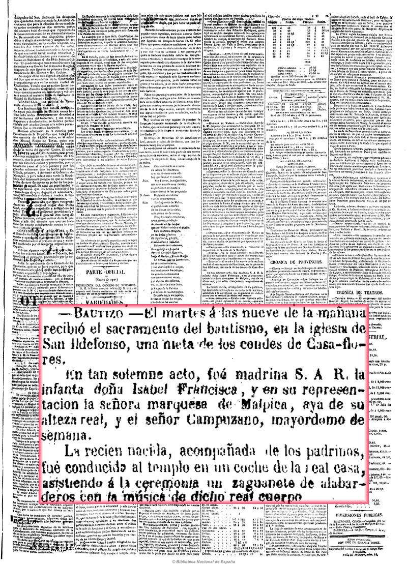 Bautizo noble. El Clamor Público, 31-5-1860 Bautizo noble. El Clamor Público, 31-5-1860