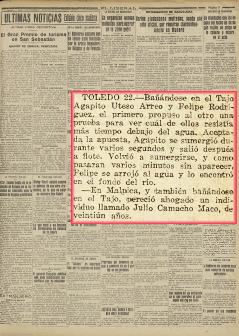 El Liberal 23-7-1926, página 3. Ahogado en Malpica El Liberal 23-7-1926, página 3. Ahogado en Malpica