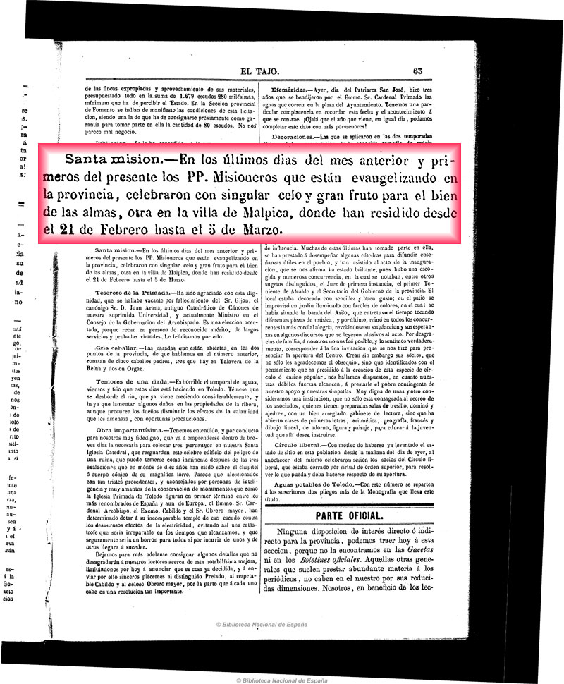 El Tajo 20-3-1866. Santa misión en Malpica El Tajo 20-3-1866. Santa misión en Malpica