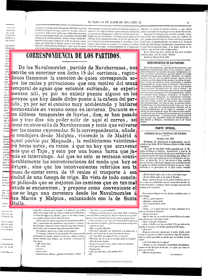 El Tajo 24-3-1867. Propuesta de la carretera de San Martin- Sant Olalla El Tajo 24-3-1867. Propuesta de la carretera de San Martin- Sant Olalla