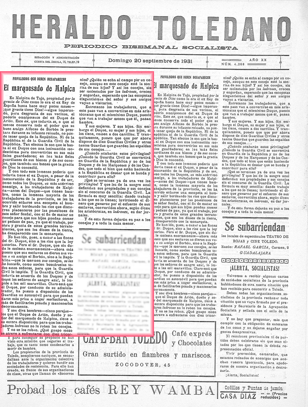 El heraldo toledano (20-11-1931). El marquesado de Malpica
