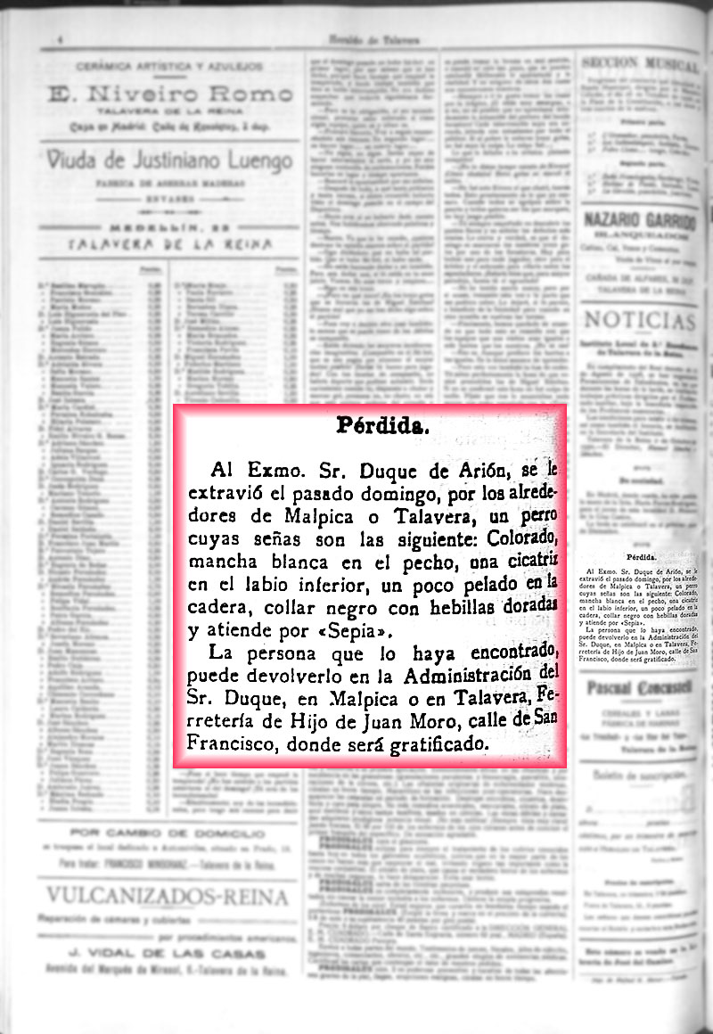 Heraldo de Talavera 25-10-1930. Se busca perro extraviado Heraldo de Talavera 25-10-1930. Se busca perro extraviado