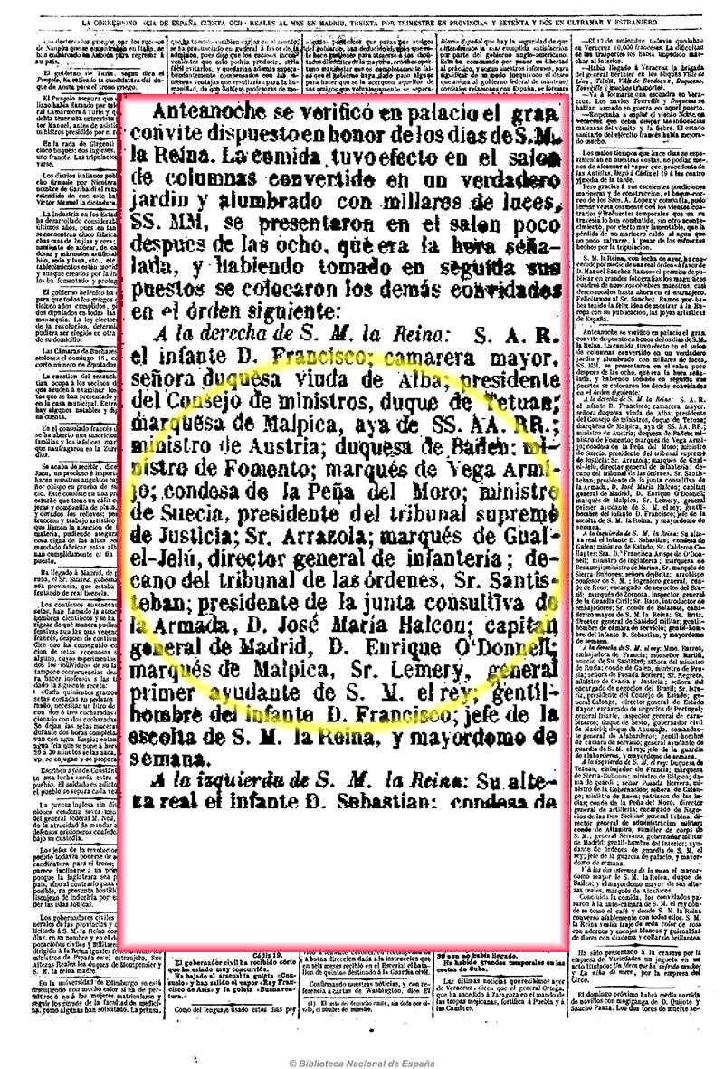 La Correspondencia de España 21-11-1862, página 2. Convite en palacio La Correspondencia de España 21-11-1862, página 2. Convite en palacio