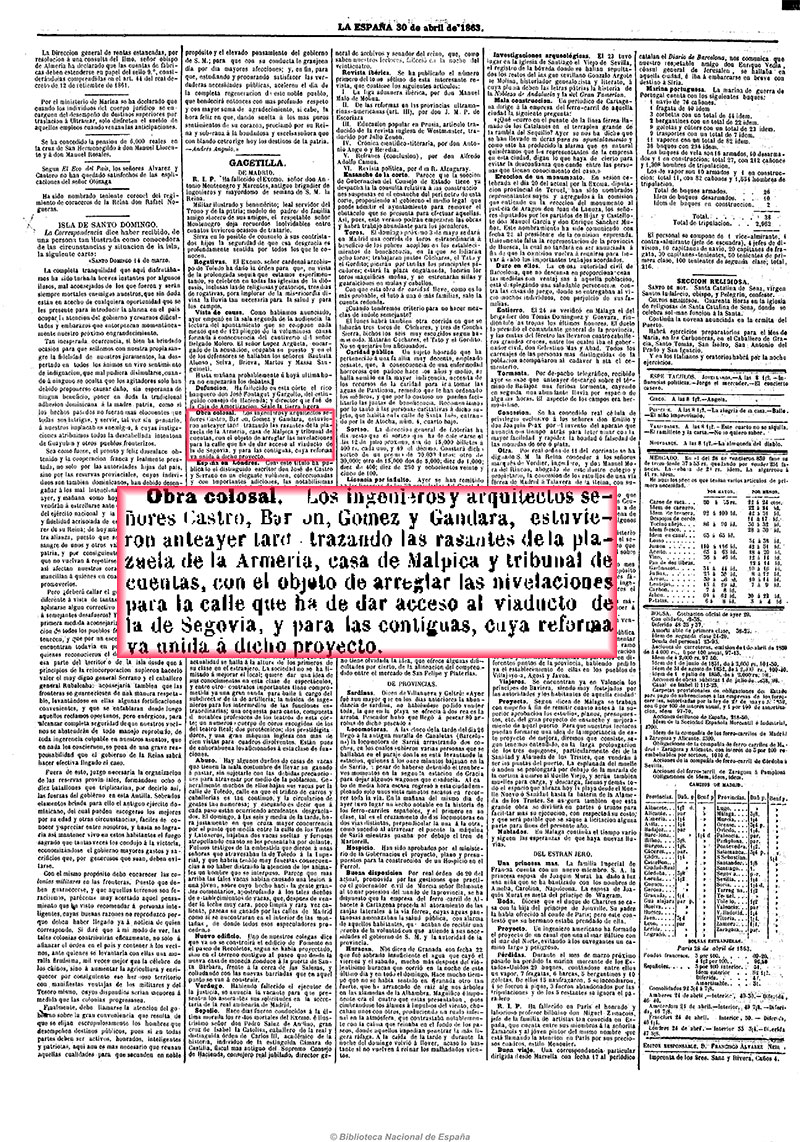 La España 30-4-1863, página 4. Ensanche para el viaducto de la calle Segovia La España 30-4-1863, página 4. Ensanche para el viaducto de la calle Segovia