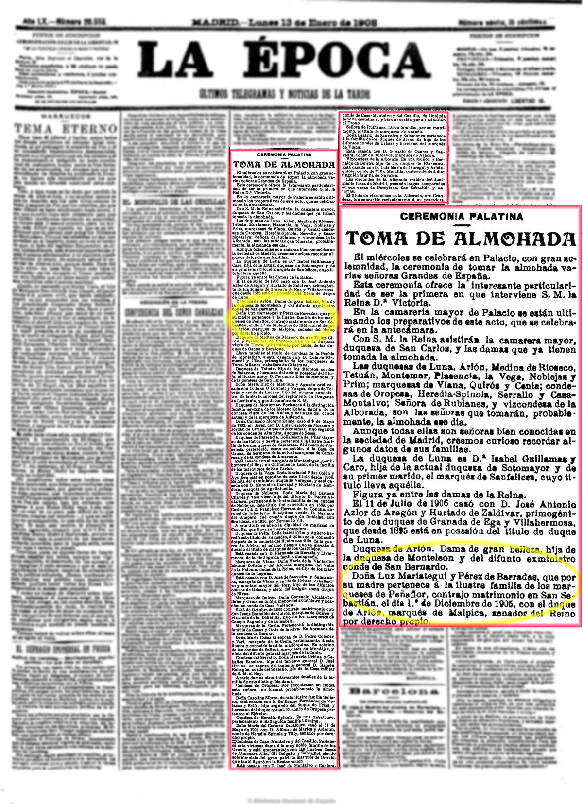 La Época 13_1_1908, página 1. Toma de almohada, ceremonia palatina. La Época 13_1_1908, página 1. Toma de almohada, ceremonia palatina.