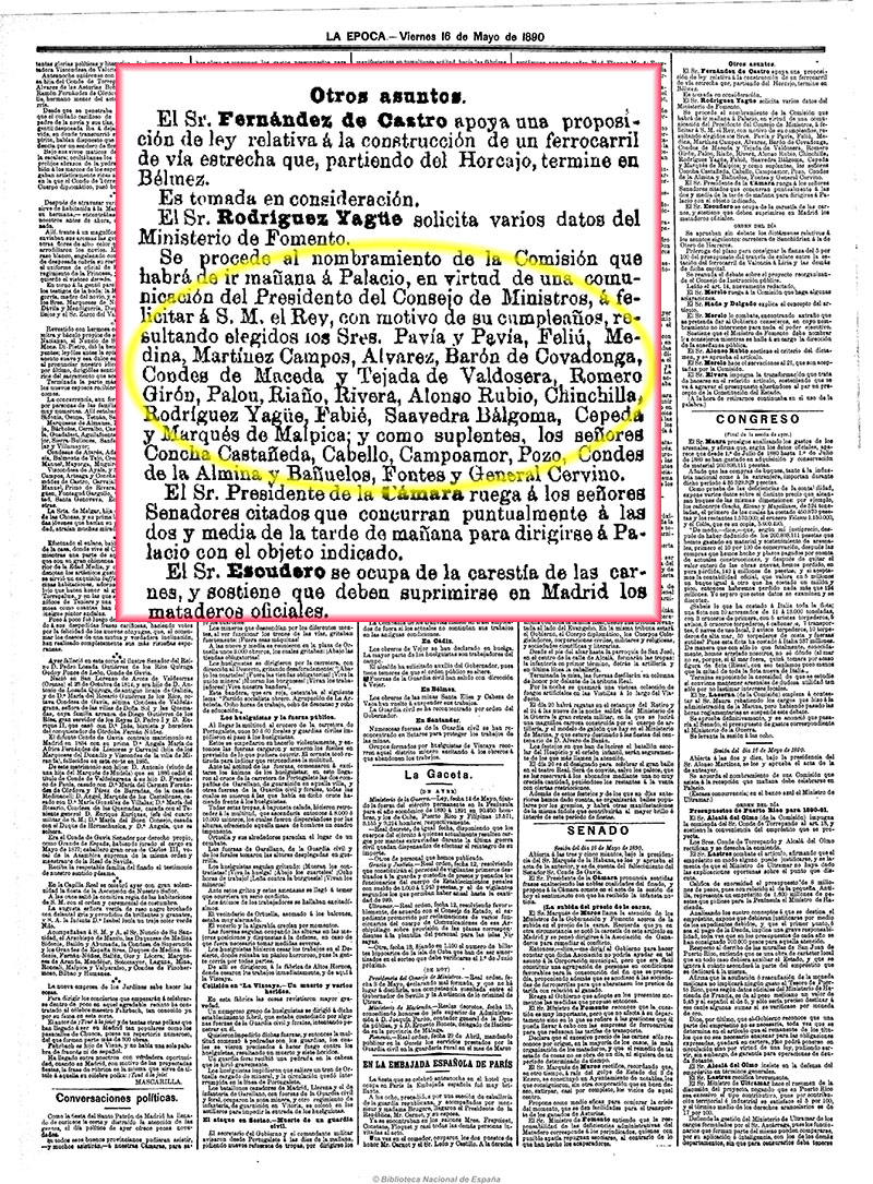 La Época 16-5-1890, página 2. Comisión del Senado para felicitar el cumpleaños al rey La Época 16-5-1890, página 2. Comisión del Senado para felicitar el cumpleaños al rey