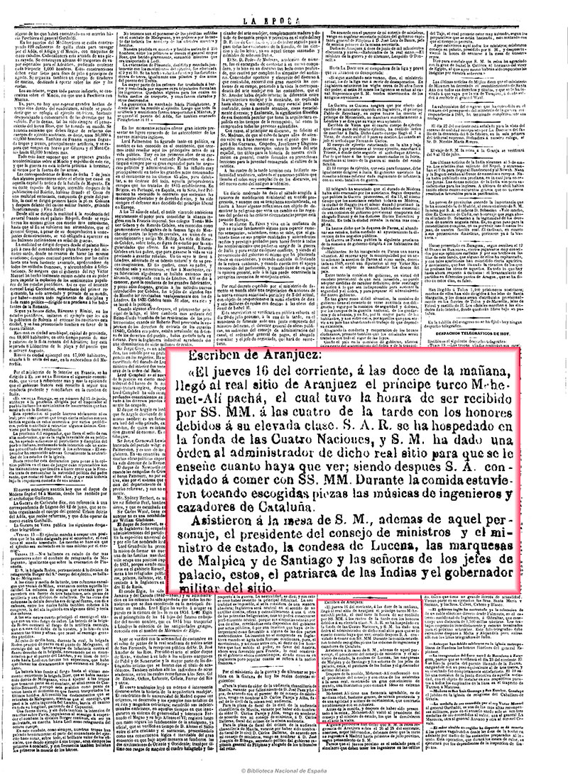La Época 20/6/1859. Comida en honor del príncipe turco Mohmed-Alí Pachá La Época 20/6/1859. Comida en honor del príncipe turco Mohmed-Alí Pachá