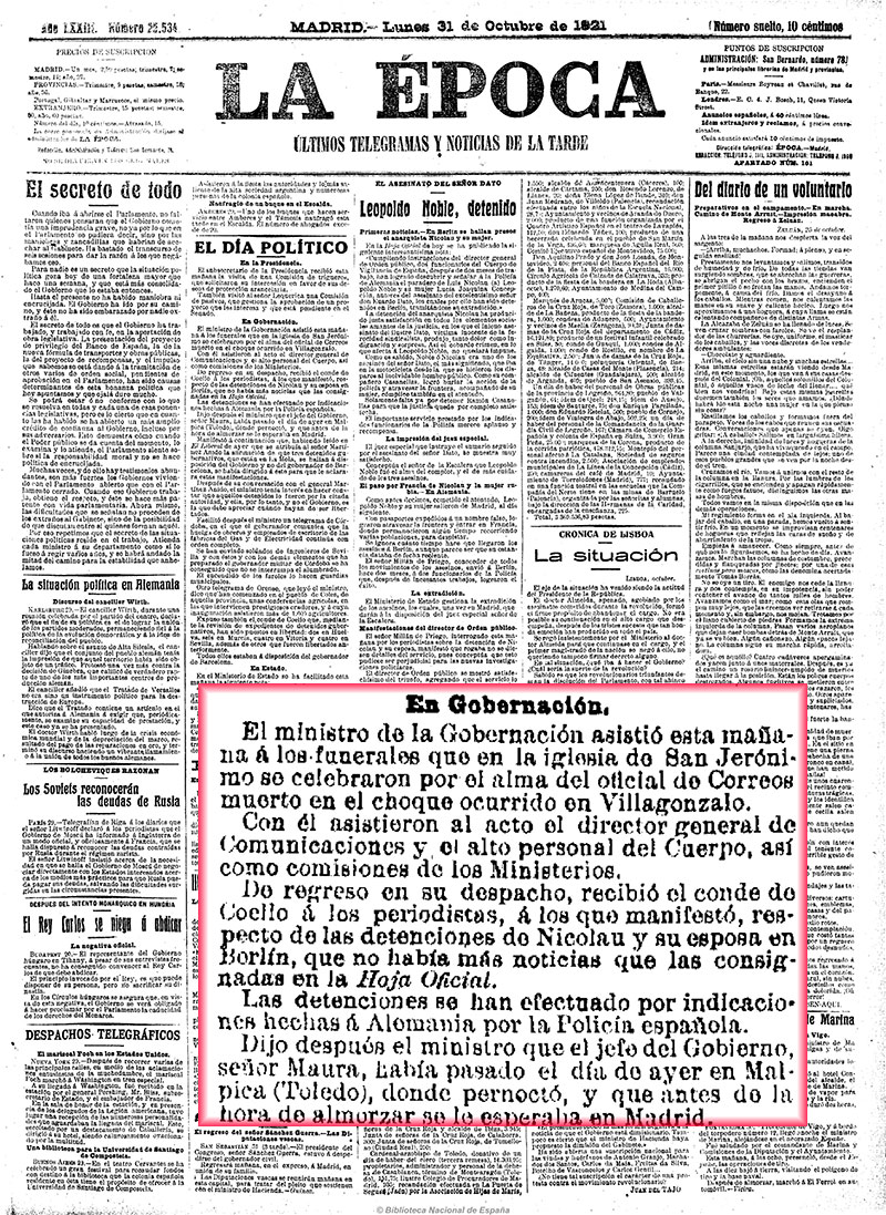 La Época 31/11/1921, página 1. Maura visita Malpica, extraoficialmente La Época 31/11/1921, página 1. Maura visita Malpica, extraoficialmente