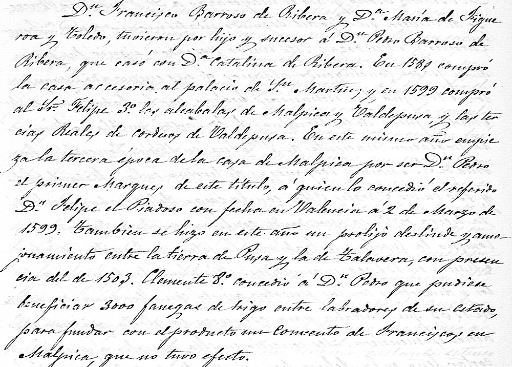Biografía de D. Pedro Barroso de Ribera I marqués de Malpica. Manuscrito Fermín Caballero, pág 92 Biografía de D. Pedro Barroso de Ribera I marqués de Malpica. Manuscrito Fermín Caballero, pág 92