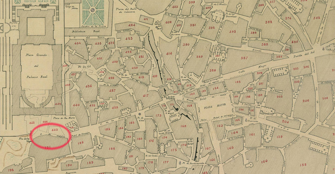 Situación de la antigua calle de Malpica en el plano de Espinosa como prolongación de la calle Mayor