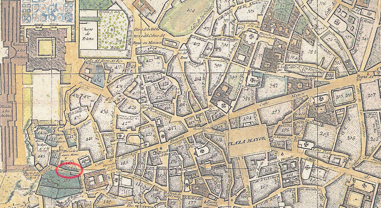 Situación de la antigua calle de Malpica en el plano de Tomás Lopez como prolongación de la calle Mayor