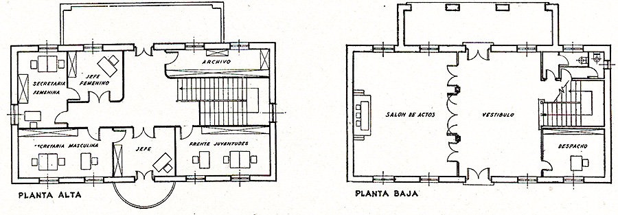 Planos del proyecto de la sede de la Falange Española Tradicionaista (F.E.T.), Malpica de Tajo, 1944