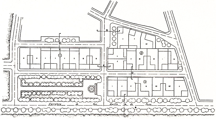 Planos del proyecto de construcción de tres manzanas de casas paralelas a la carretera de San Martín de Pusa, 1944 Planos del proyecto de construcción de tres manzanas de casas paralelas a la carretera de San Martín de Pusa, 1944