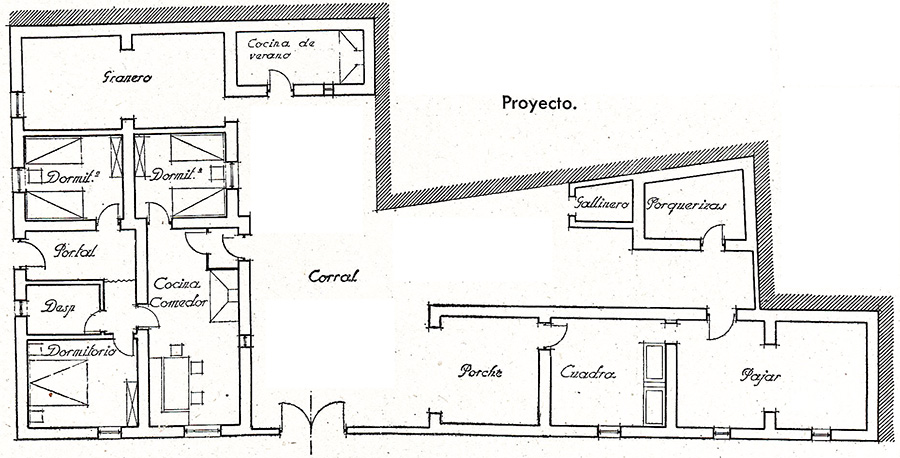Plano de la fusión de dos viviendas en una en la calle Telégrafos de Malpica de Tajo, en 1944. Plano de la fusión de dos viviendas en una en la calle Telégrafos de Malpica de Tajo, en 1944