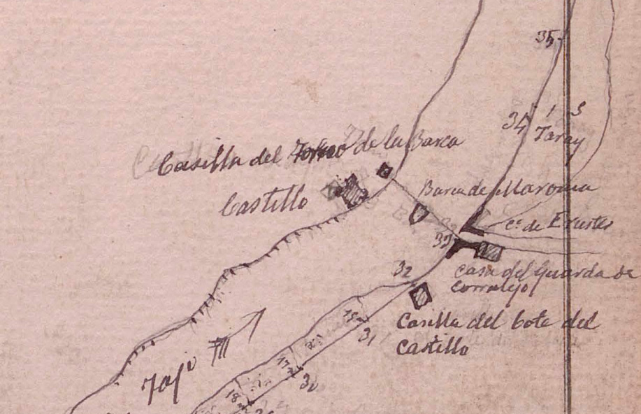 La barca de Malpica de Tajo y el bote del castillo en un croquis del mapa topográfico del IGE de 1882 La barca de Malpica de Tajo y el bote del castillo en un croquis del mapa topográfico del IGE de 1882