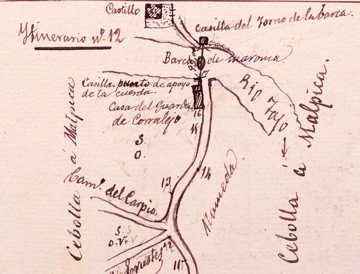 La barca de Malpica de Tajo y el bote del castillo en un croquis del mapa topográfico del IGE de 1882 La barca de Malpica de Tajo y el bote del castillo en un croquis del mapa topográfico del IGE de 1882