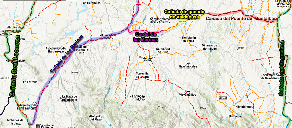 Posición de la cañada de Valdepusa (color amarillo) en relación a los tramos y cañadas citadas más arriba