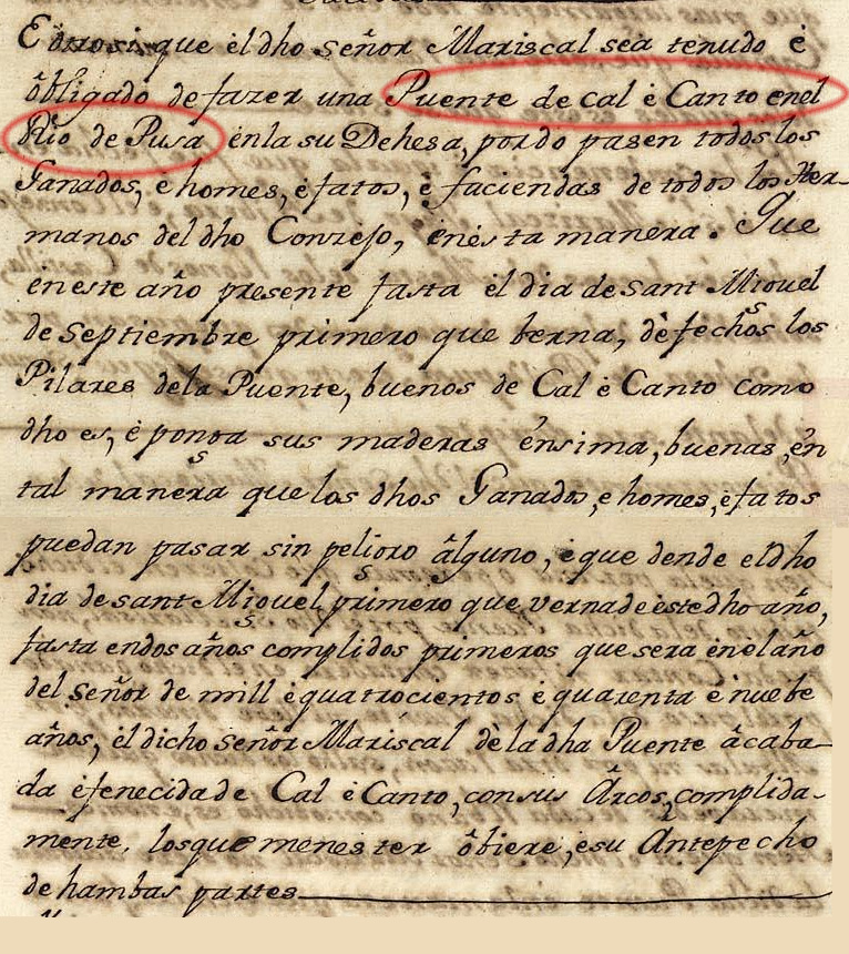 Acuerdo de las fechas y estructura de construcción del puente sobre el Pusa en el convenio de 1447