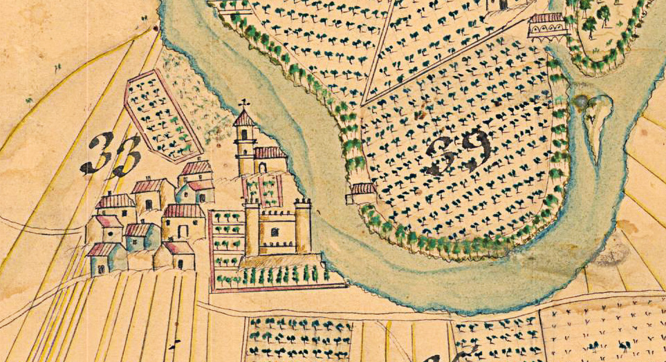 Mapa huerta Malpica de Tajo, detalle del mapa de Pantaleón López de 1858 Mapa huerta Malpica de Tajo, detalle del mapa de Pantaleón López de 1858