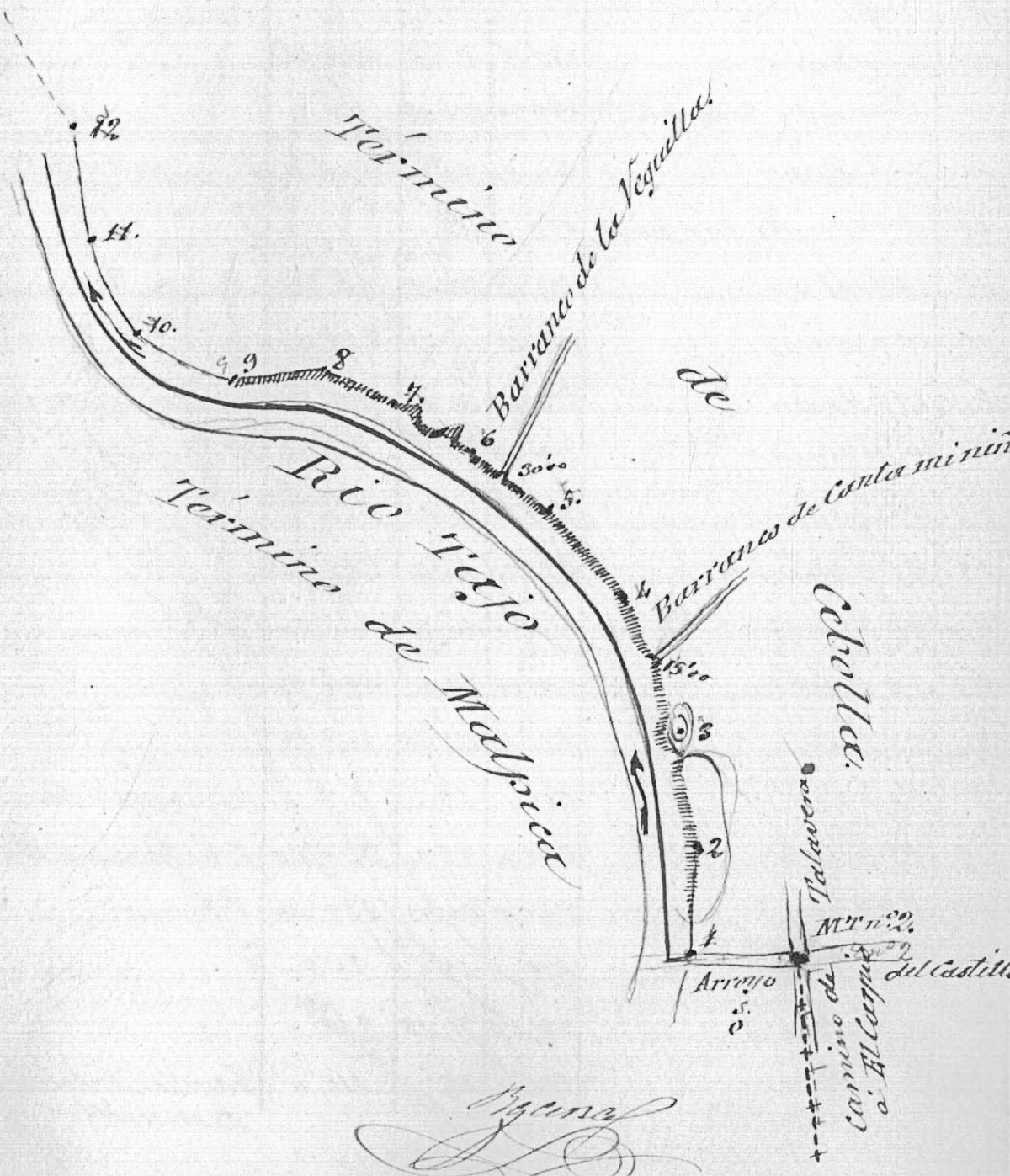 Croquis del límite con Cebolla desde la presa de los Molinos hasta el barranco del castillo Villalba Croquis del límite con Cebolla desde la presa de los Molinos hasta el barranco del castillo Villalba