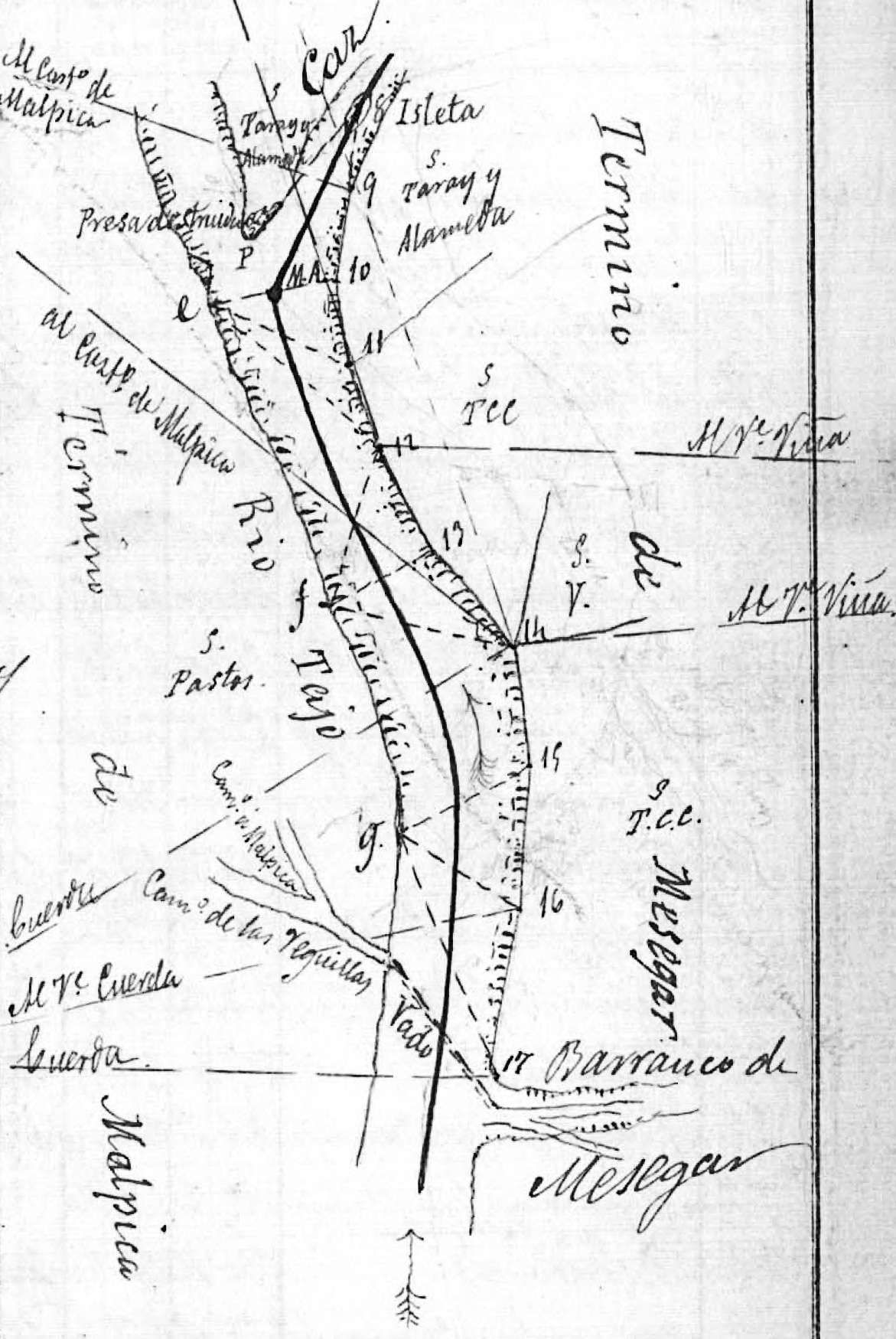 Croquis del límite del término municipal de Malpica de Tajo desde la presa de alimentación del Caz al vado de Mesegar Croquis del límite del término municipal de Malpica de Tajo desde la presa de alimentación del Caz al vado de Mesegar