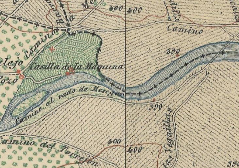 Croquis del límite del término municipal de Malpica de Tajo desde la presa de alimentación del Caz al vado de Mesegar Mapa MTN50 del límite del término municipal de Malpica de Tajo desde la presa de alimentación del Caz al vado de Mesegar