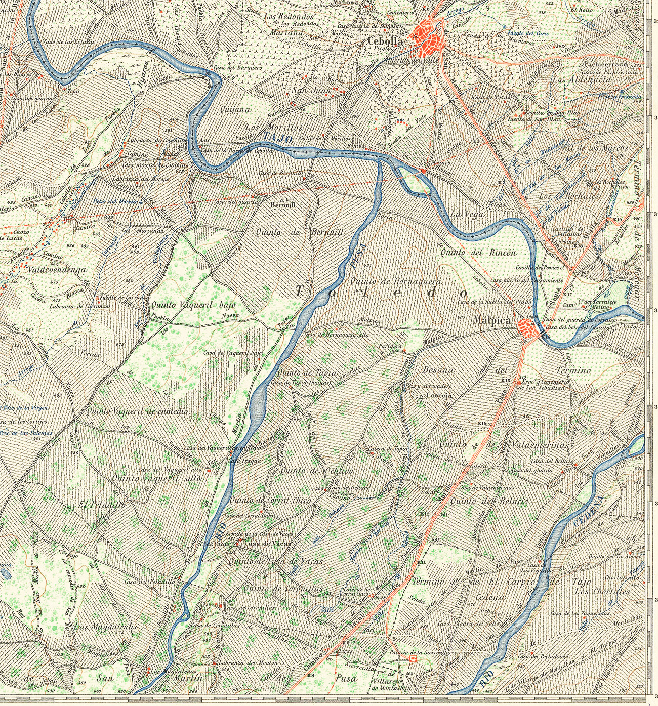 Recorte del mapa de la comarca de Talavera de la Reina elaborado por la Dirección general del Instituto Geográfico y Catastral en el año 1945 Recorte del mapa de la comarca de Talavera de la Reina elaborado por la Dirección general del Instituto Geográfico y Catastral en el año 1945