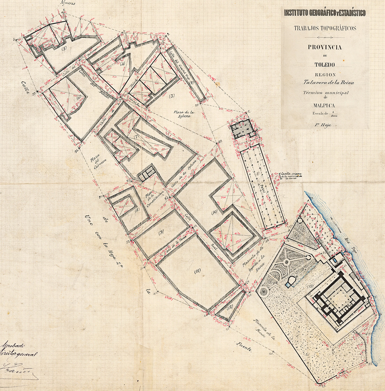 Detalle del plano topográfico del IGE,1882, Malpica de Tajo, hoja 1 Detalle del plano topográfico del IGE,1882, Malpica de Tajo, hoja 1